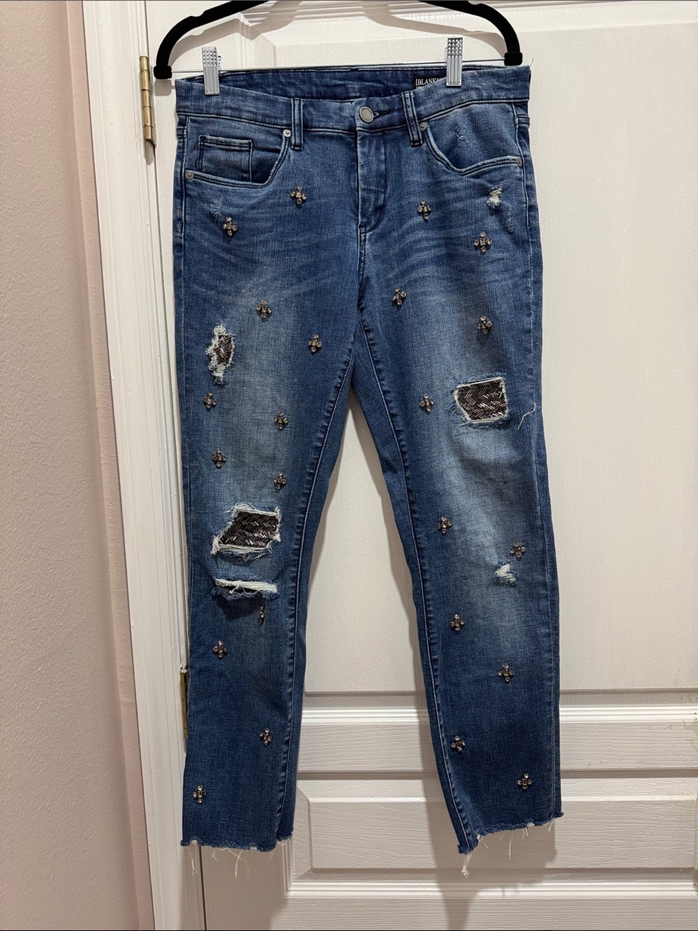 Blank NYC Blue Distressed Cropped Jeans with Bead Embellishments